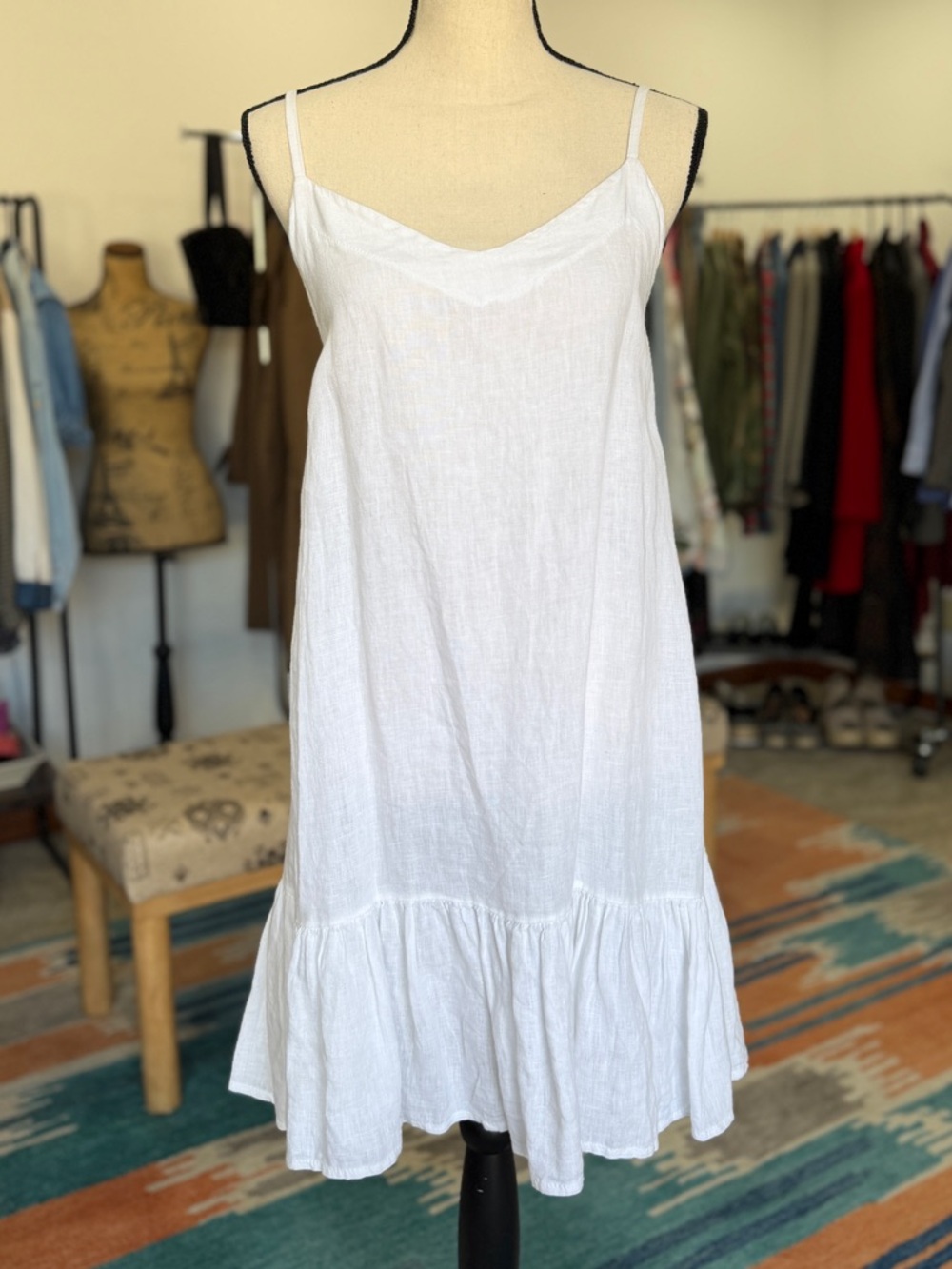 100% Linen Ruffle Hem Midi Dress Made in Italy